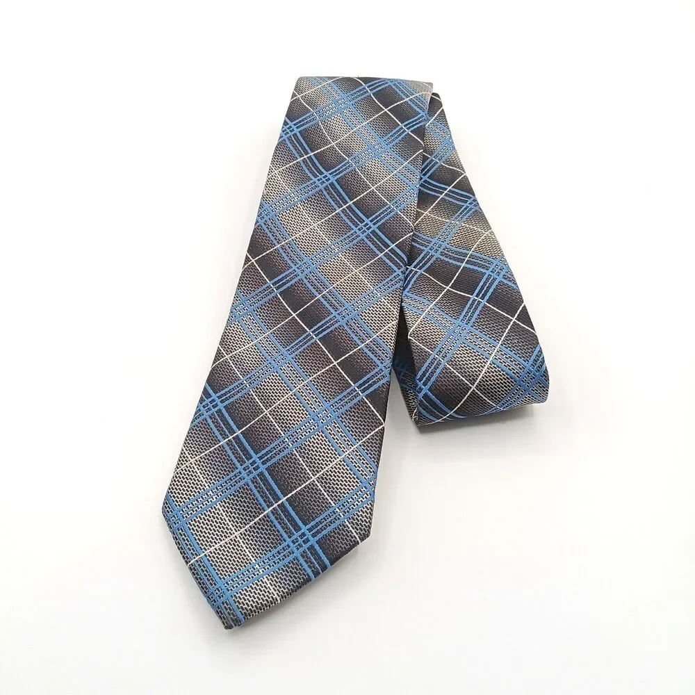 Croft & Barrow Plaid Tie Mens 59” Blue Gray Designer Classic Preppy Office New